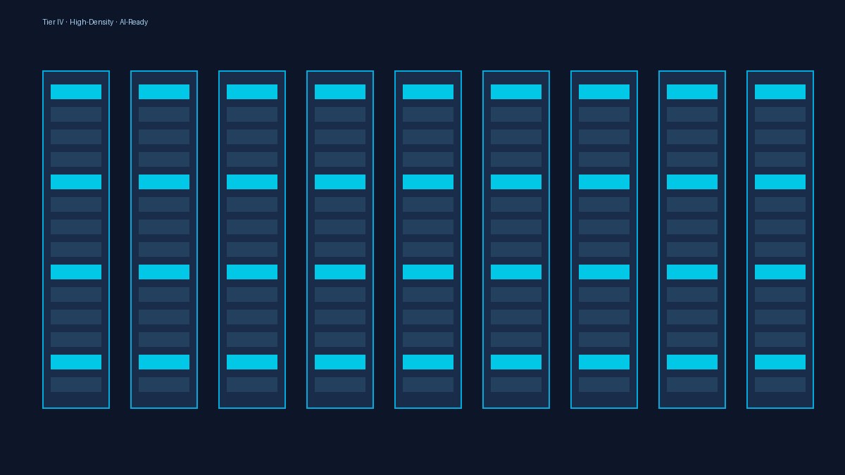 Ruang server data center modern dengan rak high-density dan pencahayaan dingin