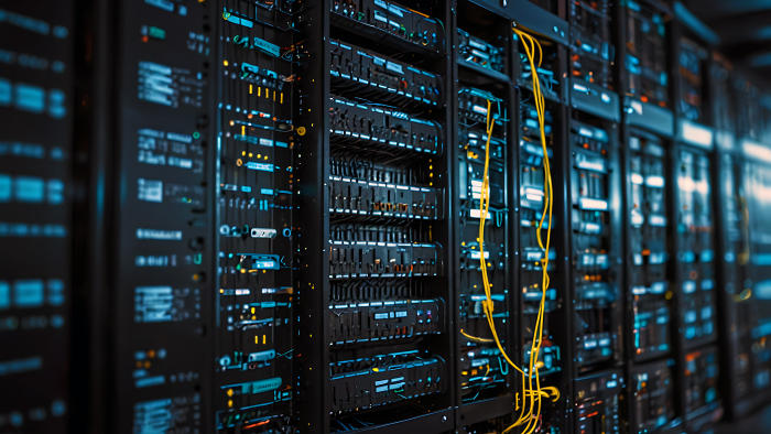 Rak server modern di ruang data center dengan pencahayaan dingin