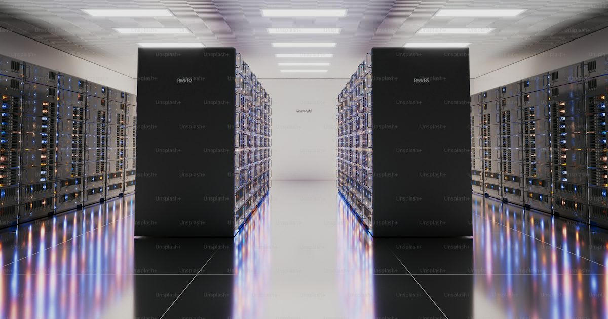 Modern data center server hall with rows of racks and reflective flooring