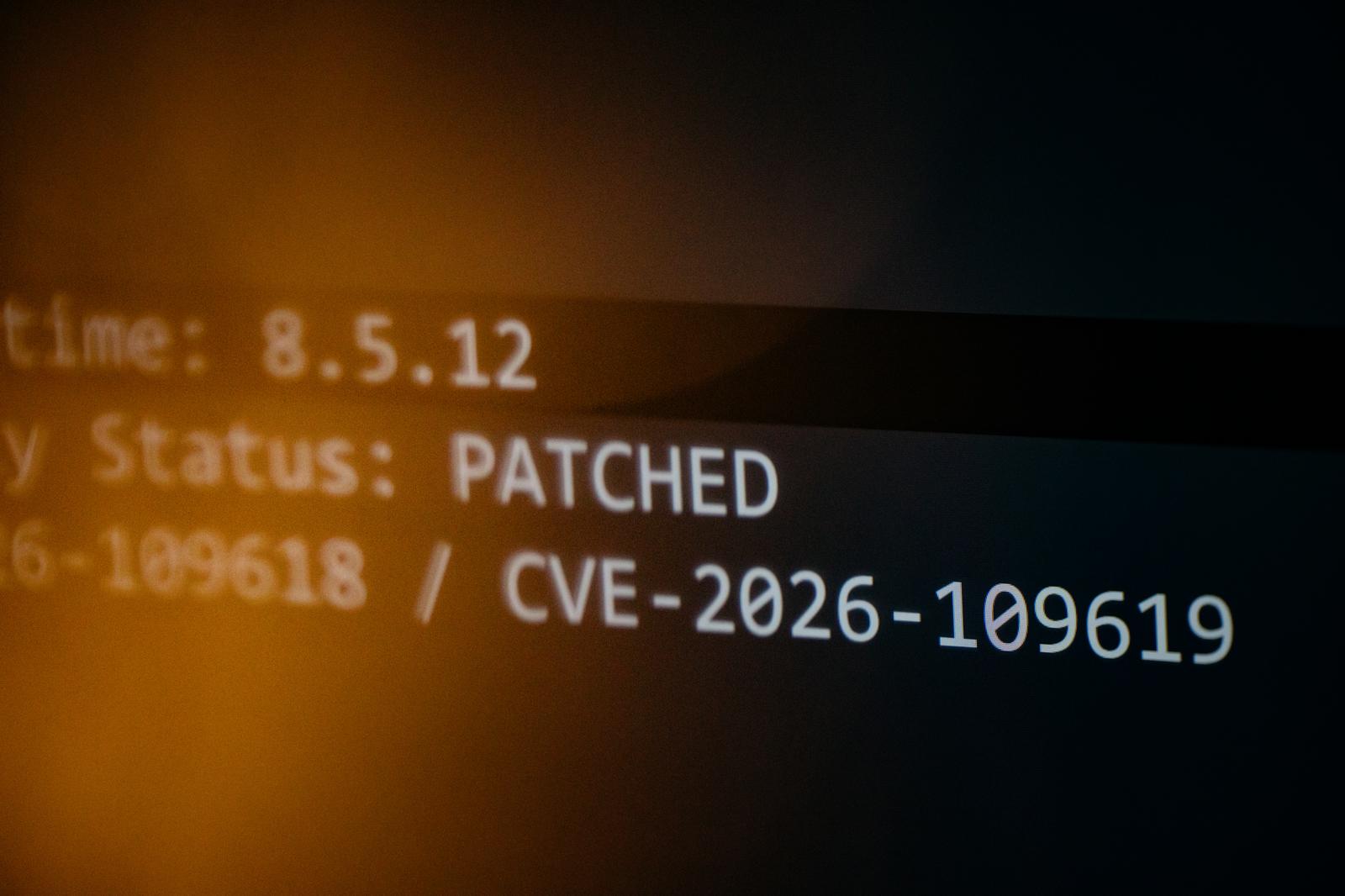Terminal screen showing cybersecurity CVE status and patch indicators